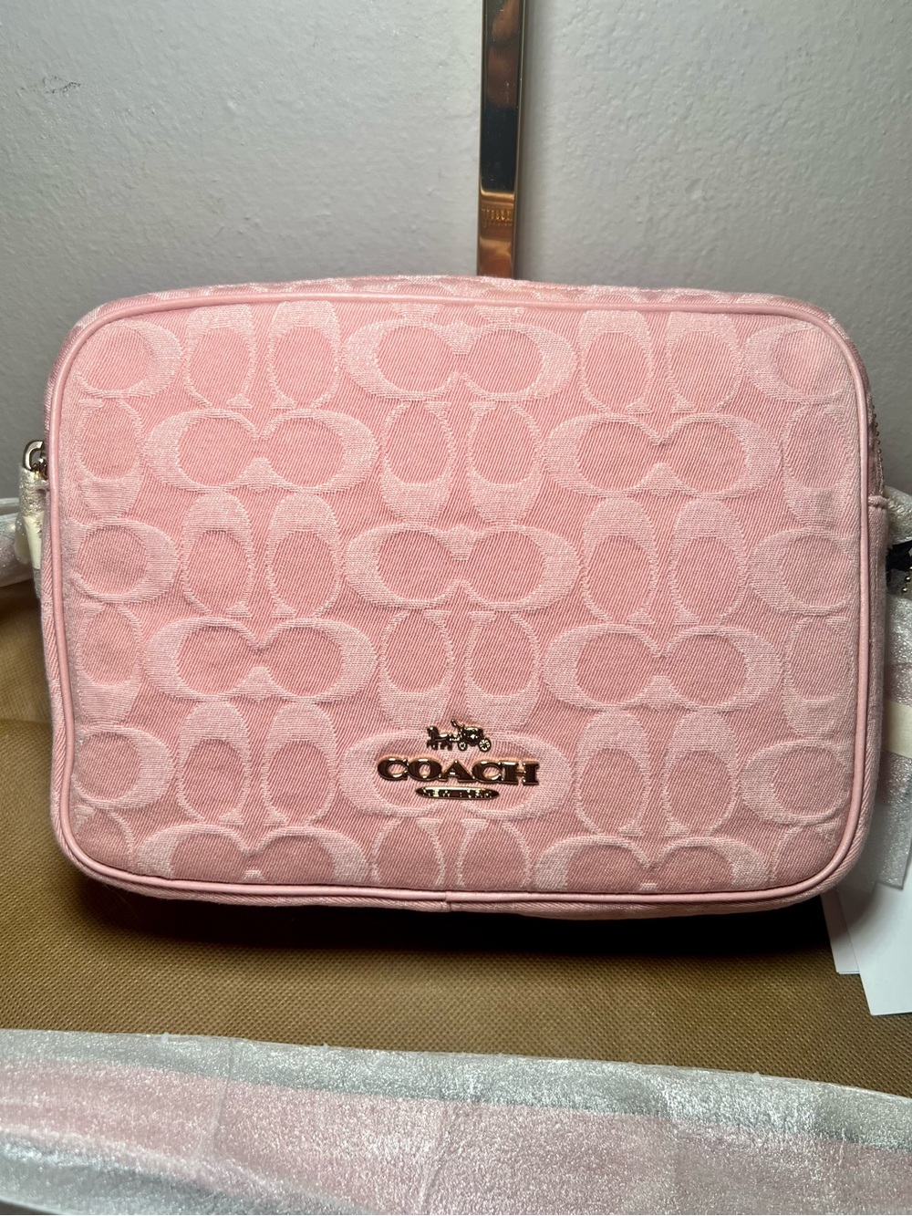 NWT Coach Pink Denim Carey Crossbody Double Zipper